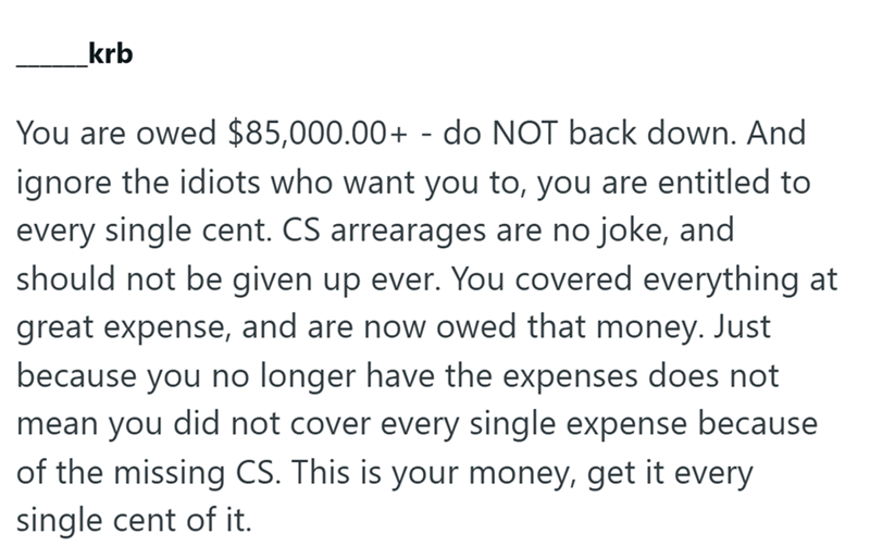 krb You are owed $85,000.00+ - do NOT back down. And ignore the idiots who want you to, you are entitled to every single cent. CS arrearages are no joke, and should not be given up ever. You covered everything at great expense, and are now owed that money. Just because you no longer have the expenses does not mean you did not cover every single expense because of the missing CS. This is your money, get it every single cent of it.