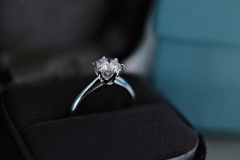 Diamond ring in a jewelry box, as shown in a model photo.