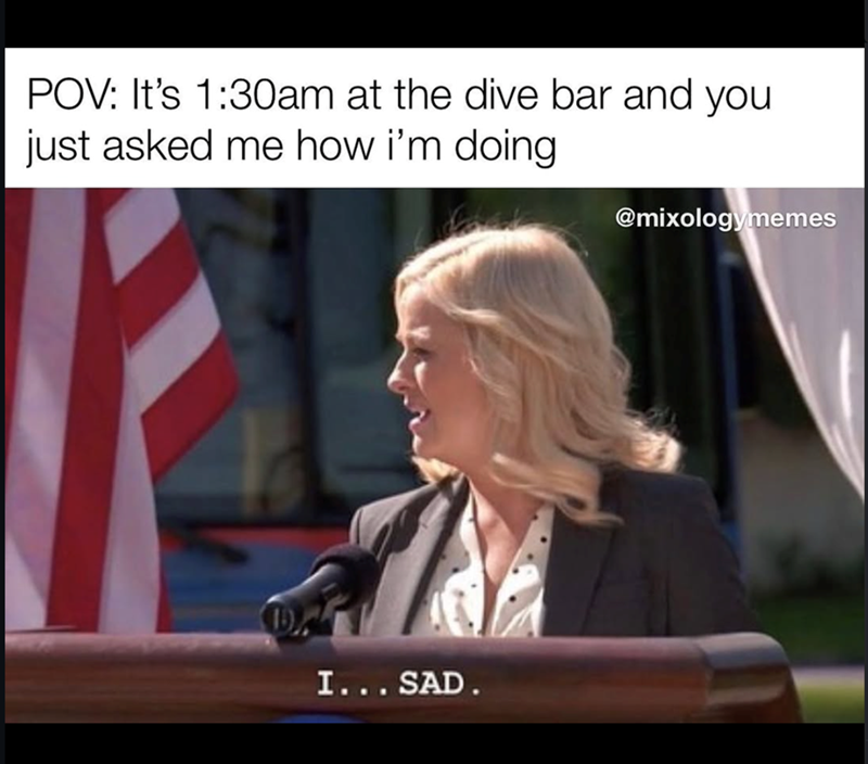 POV: It's 1:30am at the dive bar and you just asked me how i'm doing I... SAD. @mixologymemes