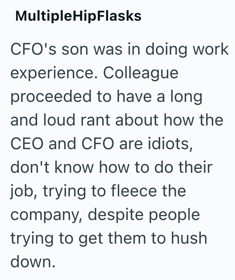 MultipleHipFlasks CFO's son was in doing work experience. Colleague proceeded to have a long and loud rant about how the CEO and CFO are idiots, don't know how to do their job, trying to fleece the company, despite people trying to get them to hush down.
