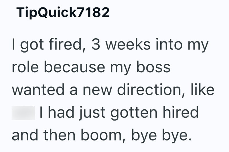 TipQuick7182 I got fired, 3 weeks into my role because my boss wanted a new direction, like I had just gotten hired and then boom, bye bye.