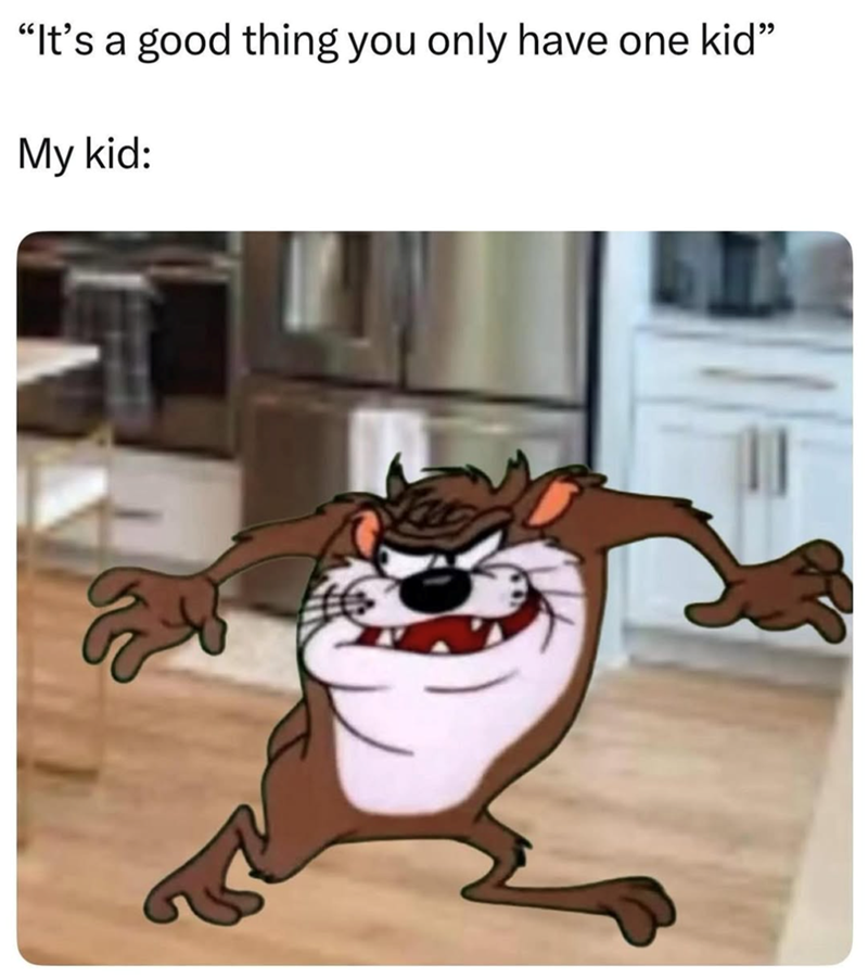 “It's a good thing you only have one kid” My kid: G