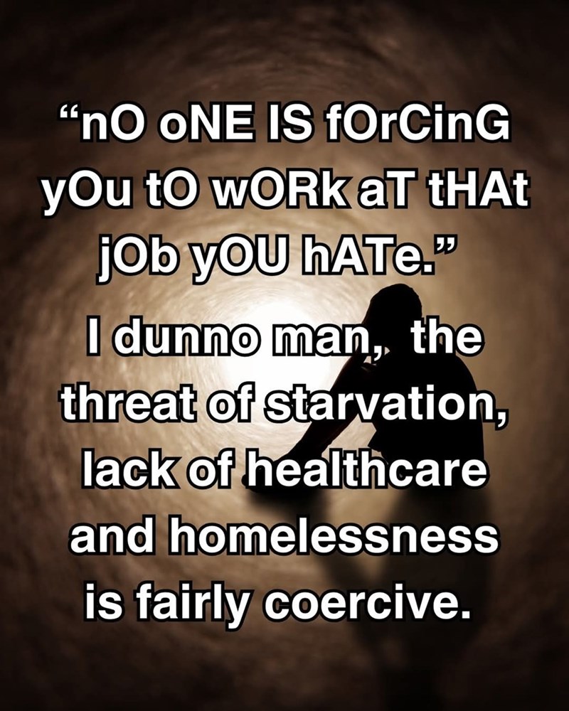 "NO ONE IS fOrCinG you to WORK AT THAT job you hATE." I dunno man, the threat of starvation, lack of healthcare and homelessness is fairly coercive.