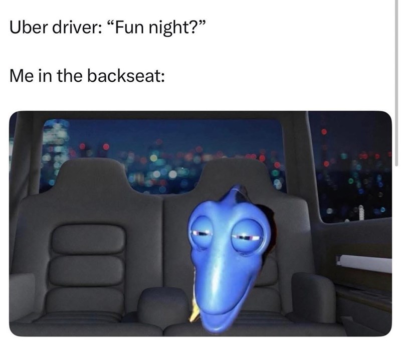 Uber driver: "Fun night?" Me in the backseat: