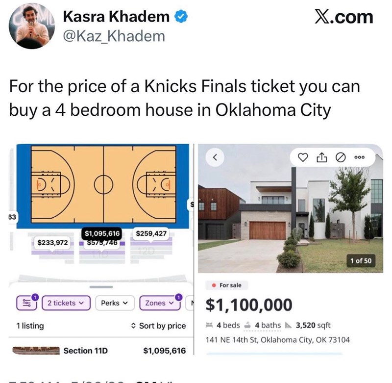 Kasra Khadem → @Kaz Khadem X.com For the price of a Knicks Finals ticket you can buy a 4 bedroom house in Oklahoma City 63 Di $233,972 $1,095,616 $575,746 $259,427 1 listing 2 tickets v Perks ▾ Zones v ✰ Sort by price ⚫ For sale C$1,100,000 4 beds 4 baths 3,520 sqft 141 NE 14th St, Oklahoma City, OK 73104 Section 11D $1,095,616 000 1 of 50