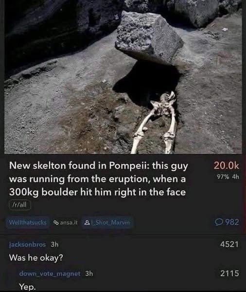 New skelton found in Pompeii: this guy was running from the eruption, when a 300kg boulder hit him right in the face /r/all Wellthatsucks ansa.it & Shot Marvi jacksonbros 3h Was he okay? down vote magnet 3h Yep. 20.0k 97% 4h 982 4521 2115