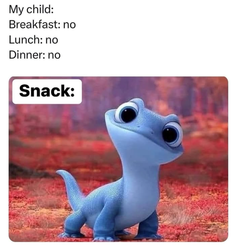 My child: Breakfast: no Lunch: no Dinner: no Snack: