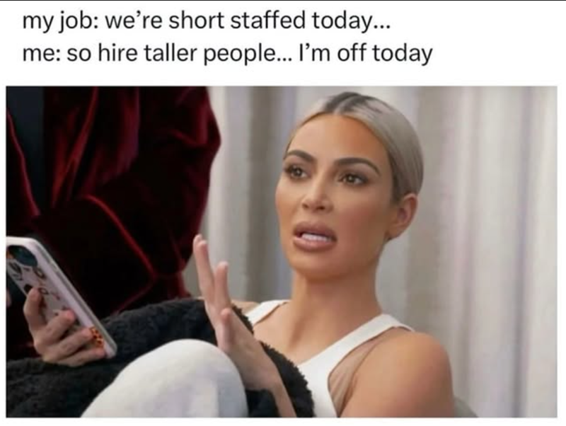 my job: we're short staffed today... me: so hire taller people... I'm off today