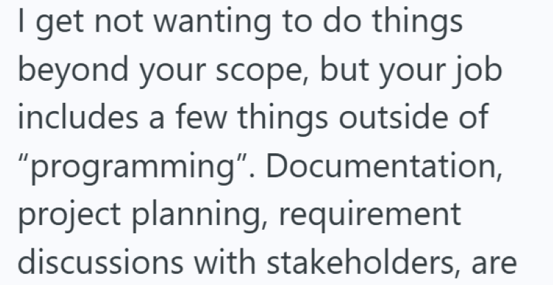 I get not wanting to do things beyond your scope, but your job includes a few things outside of "programming". Documentation, project planning, requirement discussions with stakeholders, are