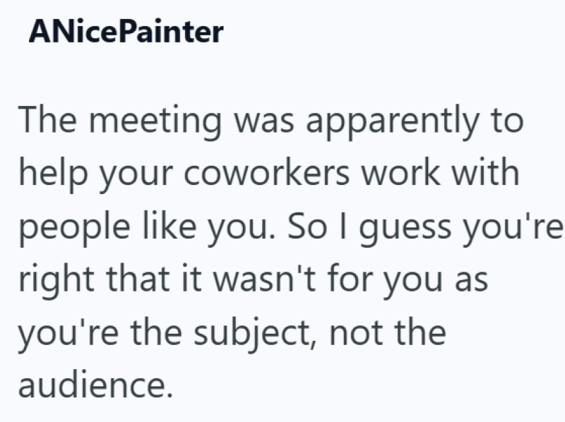 ANicePainter The meeting was apparently to help your coworkers work with people like you. So I guess you're right that it wasn't for you as you're the subject, not the audience.