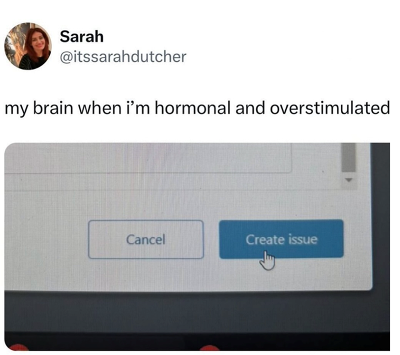 Sarah @itssarahdutcher my brain when i'm hormonal and overstimulated Cancel Create issue