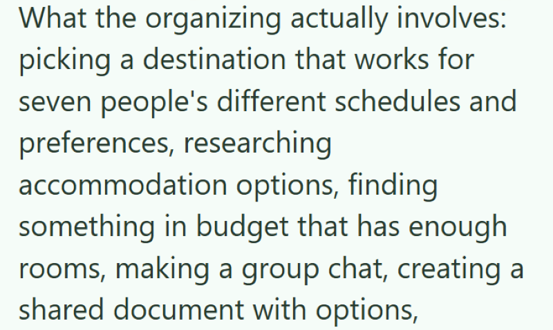 What the organizing actually involves: picking a destination that works for seven people's different schedules and preferences, researching accommodation options, finding something in budget that has enough rooms, making a group chat, creating a shared document with options,