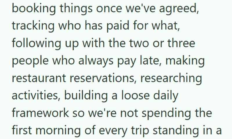 booking things once we've agreed, tracking who has paid for what, following up with the two or three people who always pay late, making restaurant reservations, researching activities, building a loose daily framework so we're not spending the first morning of every trip standing in a