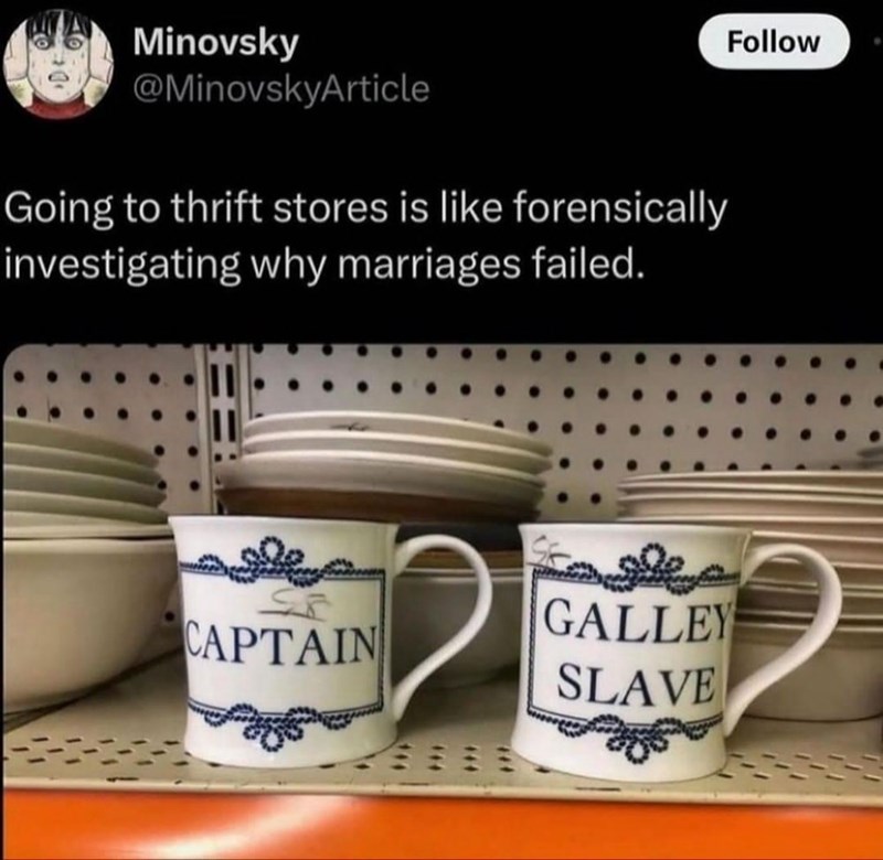 Minovsky @MinovskyArticle Going to thrift stores is like forensically investigating why marriages failed. GALLEY CAPTAIN SLAVE Follow