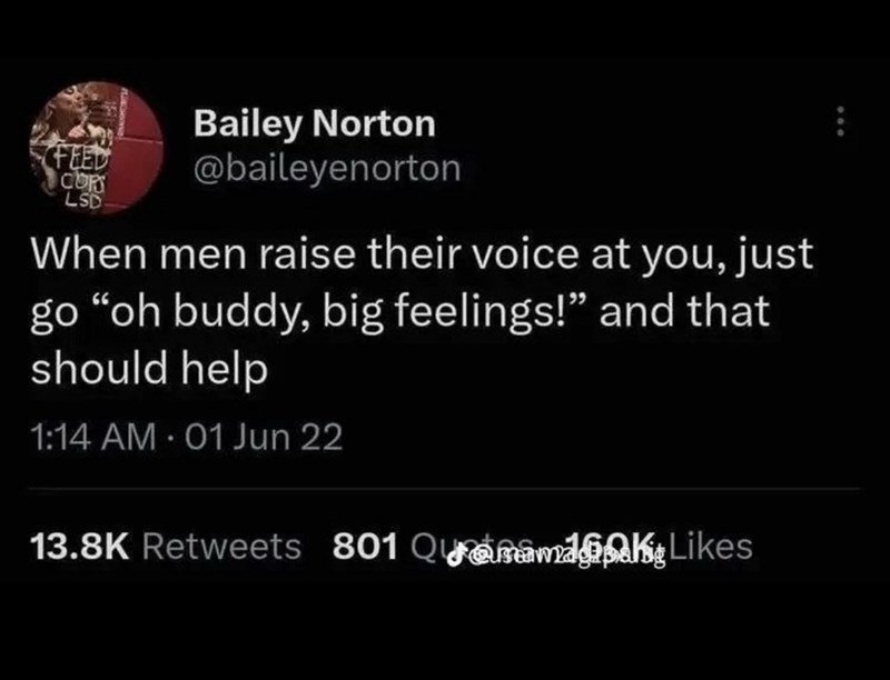 FEED COR LSD Bailey Norton @baileyenorton When men raise their voice at you, just go "oh buddy, big feelings!" and that should help 1:14 AM - 01 Jun 22 13.8K Retweets 801 QuaLikes