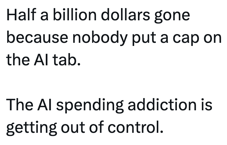 Half a billion dollars gone because nobody put a cap on the Al tab. The Al spending addiction is getting out of control.