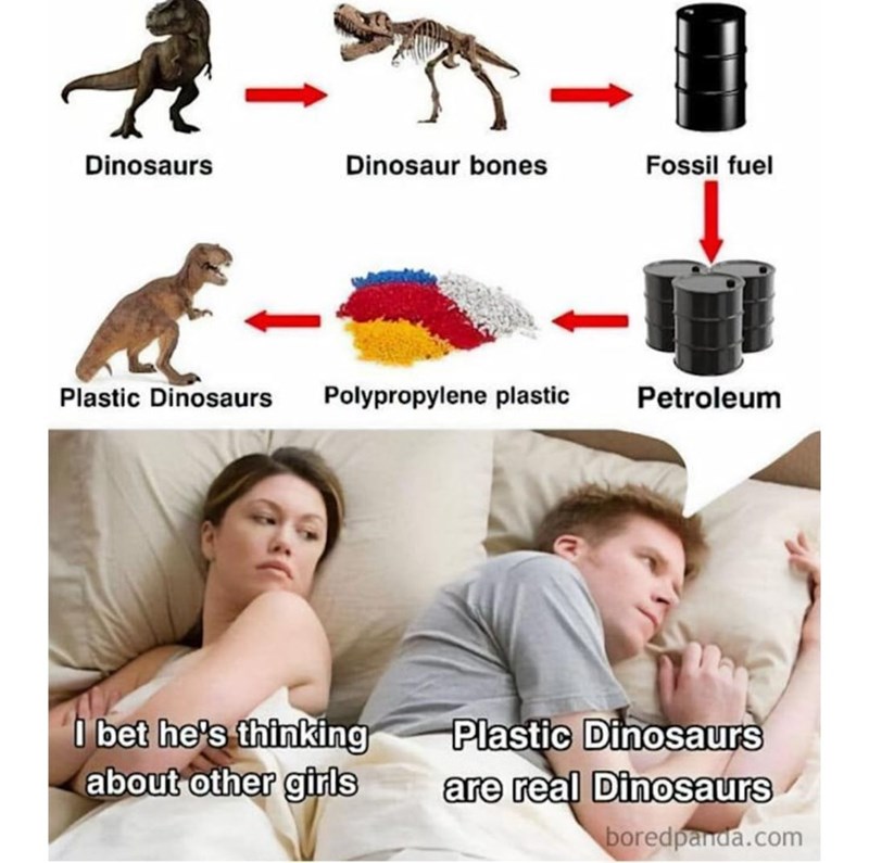 Dinosaurs Dinosaur bones Fossil fuel Plastic Dinosaurs Polypropylene plastic Petroleum I bet he's thinking about other girls Plastic Dinosaurs are real Dinosaurs boredpanda.com