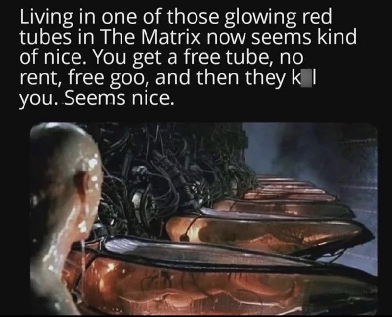 Living in one of those glowing red tubes in The Matrix now seems kind of nice. You get a free tube, no rent, free goo, and then they k you. Seems nice.