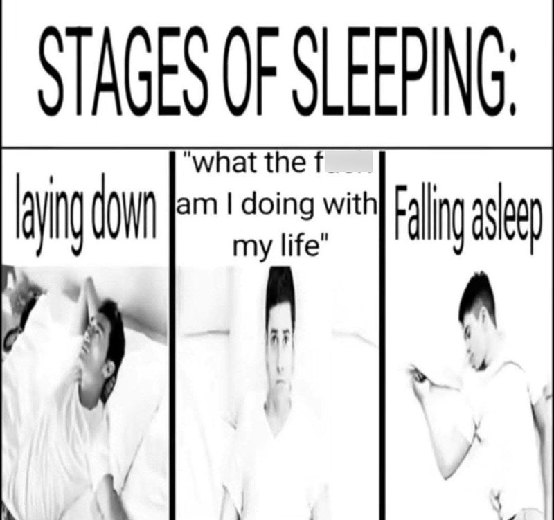 STAGES OF SLEEPING: laying down "what the f am I doing with Falling asleep my life"