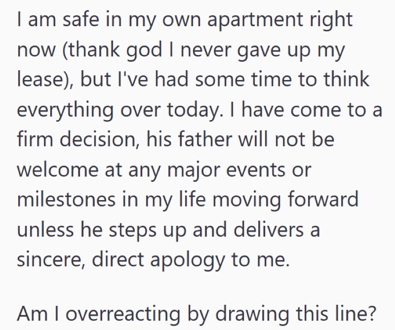 I am safe in my own apartment right now (thank god I never gave up my lease), but I've had some time to think everything over today. I have come to a firm decision, his father will not be welcome at any major events or milestones in my life moving forward unless he steps up and delivers a sincere, direct apology to me. Am I overreacting by drawing this line?