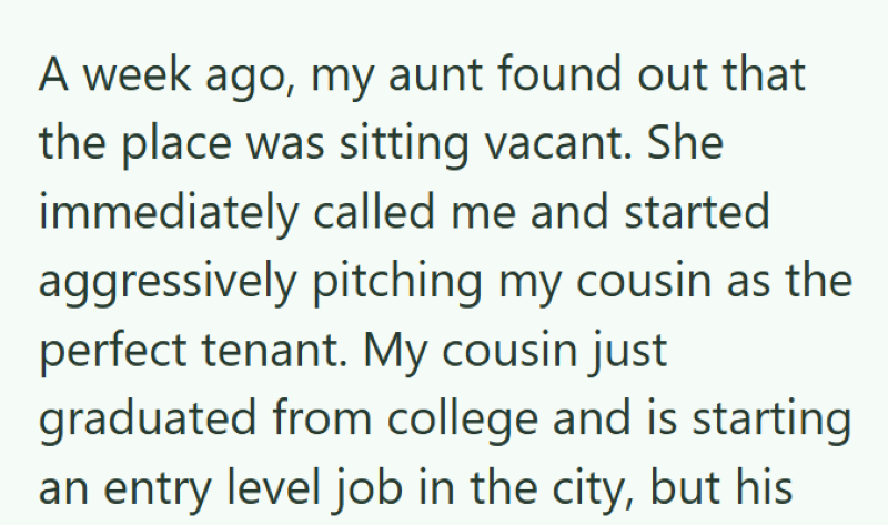A week ago, my aunt found out that the place was sitting vacant. She immediately called me and started aggressively pitching my cousin as the perfect tenant. My cousin just graduated from college and is starting an entry level job in the city, but his