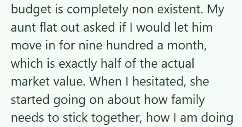budget is completely non existent. My aunt flat out asked if I would let him move in for nine hundred a month, which is exactly half of the actual market value. When I hesitated, she started going on about how family needs to stick together, how I am doing