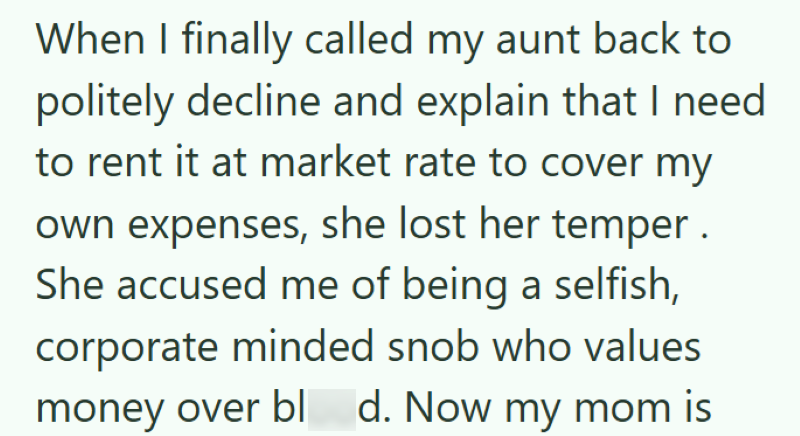 When I finally called my aunt back to politely decline and explain that I need. to rent it at market rate to cover my own expenses, she lost her temper. She accused me of being a selfish, corporate minded snob who values money over bl d. Now my mom is