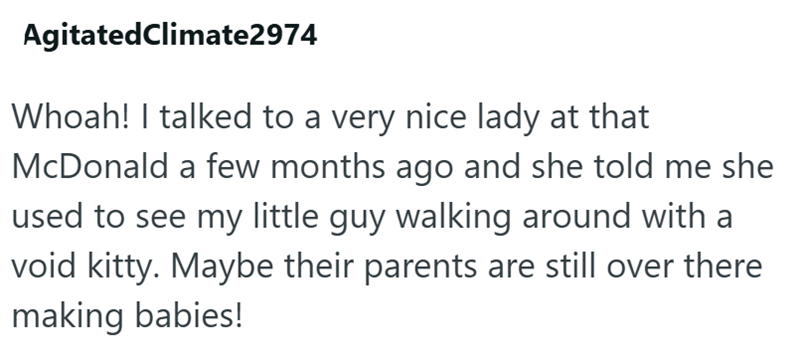 Agitated Climate2974 Whoah! I talked to a very nice lady at that McDonald a few months ago and she told me she used to see my little guy walking around with a void kitty. Maybe their parents are still over there making babies!