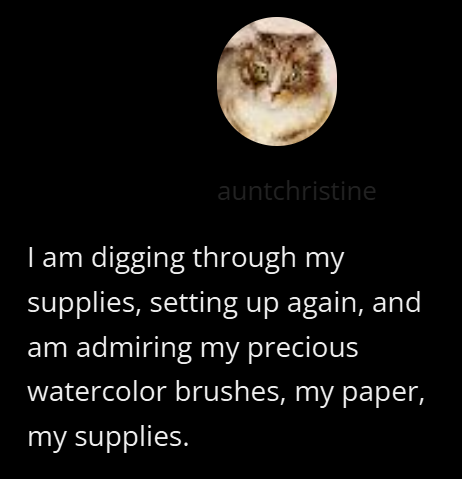 auntchristine I am digging through my supplies, setting up again, and am admiring my precious watercolor brushes, my paper, my supplies.