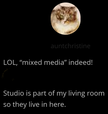 auntchristine LOL, "mixed media" indeed! Studio is part of my living room so they live in here.