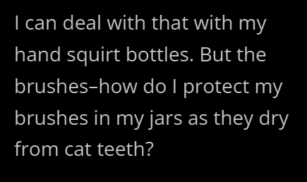 can deal with that with my hand squirt bottles. But the brushes-how do I protect my brushes in my jars as they dry from cat teeth?