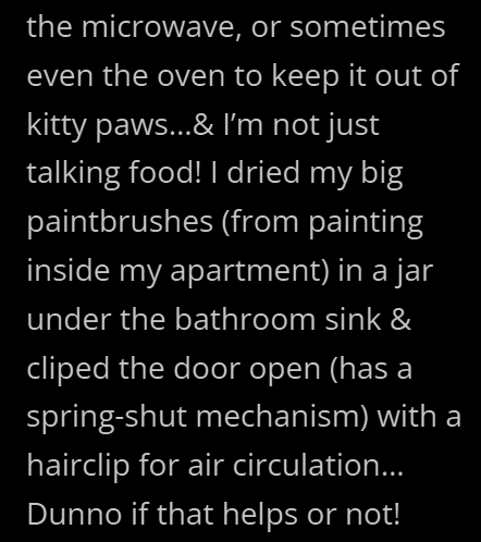the microwave, or sometimes even the oven to keep it out of kitty paws...& I'm not just talking food! I dried my big paintbrushes (from painting inside my apartment) in a jar under the bathroom sink & cliped the door open (has a spring-shut mechanism) with a hairclip for air circulation... Dunno if that helps or not!