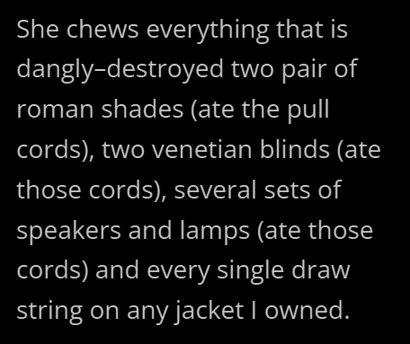 She chews everything that is dangly-destroyed two pair of roman shades (ate the pull cords), two venetian blinds (ate those cords), several sets of speakers and lamps (ate those cords) and every single draw string on any jacket I owned.