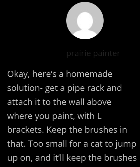 prairie painter Okay, here's a homemade solution- get a pipe rack and attach it to the wall above where you paint, with L brackets. Keep the brushes in that. Too small for a cat to jump up on, and it'll keep the brushes