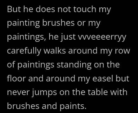 But he does not touch my painting brushes or my paintings, he just vvveeeerryy carefully walks around my row of paintings standing on the floor and around my easel but never jumps on the table with brushes and paints.