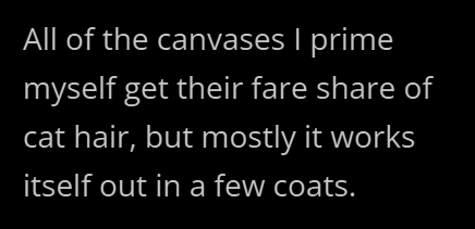 All of the canvases I prime myself get their fare share of cat hair, but mostly it works itself out in a few coats.