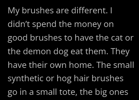 My brushes are different. I didn't spend the money on good brushes to have the cat or the demon dog eat them. They have their own home. The small synthetic or hog hair brushes go in a small tote, the big ones