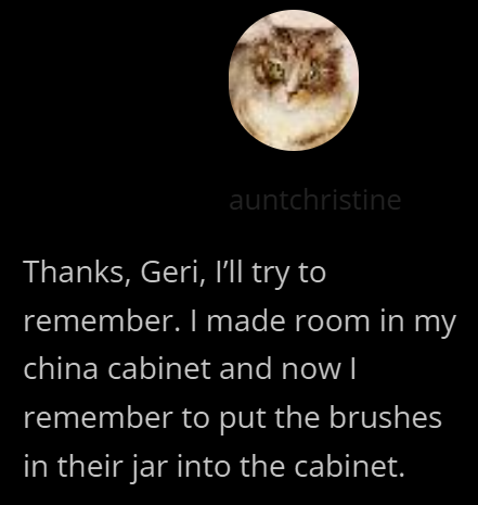 auntchristine Thanks, Geri, I'll try to remember. I made room in my china cabinet and now I remember to put the brushes in their jar into the cabinet.