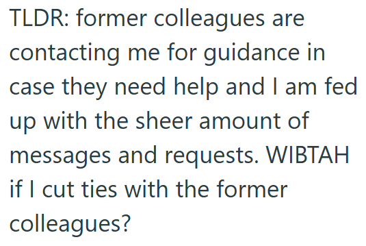 TLDR: former colleagues are contacting me for guidance in case they need help and I am fed up with the sheer amount of messages and requests. WIBTAH if I cut ties with the former colleagues?