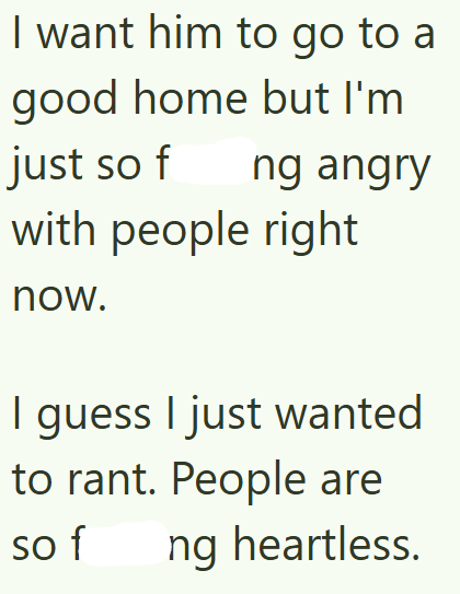 I want him to go to a good home but I'm just so f ng angry with people right now. I guess I just wanted to rant. People are so f ng heartless.