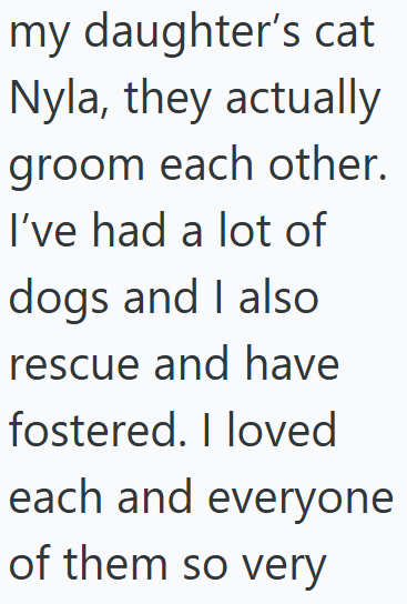 my daughter's cat Nyla, they actually groom each other. I've had a lot of dogs and I also rescue and have fostered. I loved each and everyone of them so very