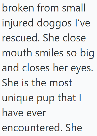 broken from small injured doggos I've rescued. She close mouth smiles so big and closes her eyes. She is the most unique pup that I have ever encountered. She