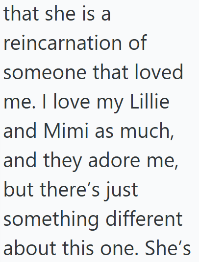 that she is a reincarnation of someone that loved me. I love my Lillie and Mimi as much, and they adore me, but there's just something different about this one. She's