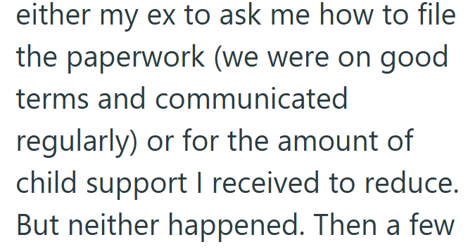 either my ex to ask me how to file the paperwork (we were on good terms and communicated regularly) or for the amount of child support I received to reduce. But neither happened. Then a few