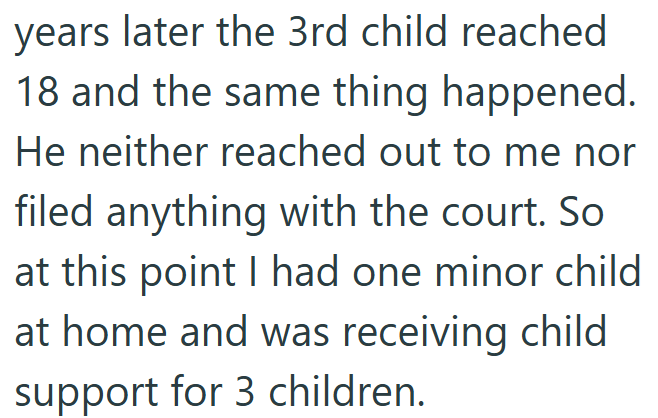 years later the 3rd child reached 18 and the same thing happened. He neither reached out to me nor filed anything with the court. So at this point I had one minor child at home and was receiving child support for 3 children.