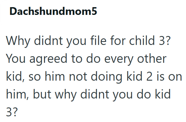 Dachshundmom5 Why didnt you file for child 3? You agreed to do every other kid, so him not doing kid 2 is on him, but why didnt you do kid 3?