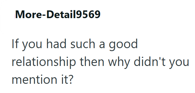 More-Detail9569 If you had such a good relationship then why didn't you mention it?