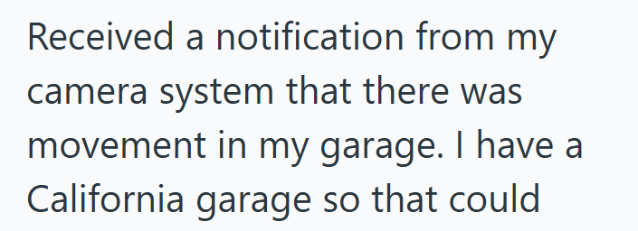 Received a notification from my camera system that there was movement in my garage. I have a California garage so that could