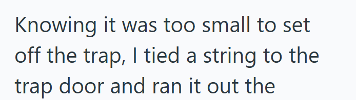 Knowing it was too small to set off the trap, I tied a string to the trap door and ran it out the