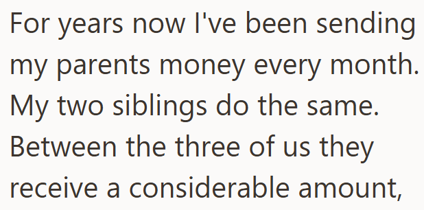 For years now I've been sending my parents money every month. My two siblings do the same. Between the three of us they receive a considerable amount,